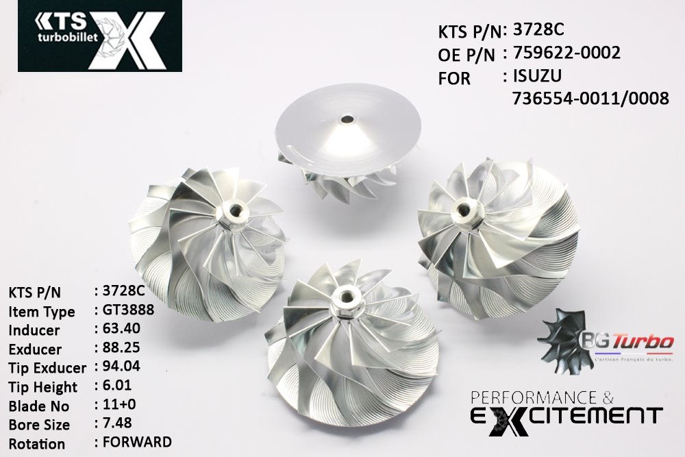 Turbo ROUE FORGÉE MFS PERFORMANCE - 11+0 PALES - INDUCER : 63,4 - EXDUCER : 88,25 - TYPE : GT3788VAANGLE : 45° - ROTATION : Forward - SUPER BACK : 5,3 - BORE SIZE : 7,48
